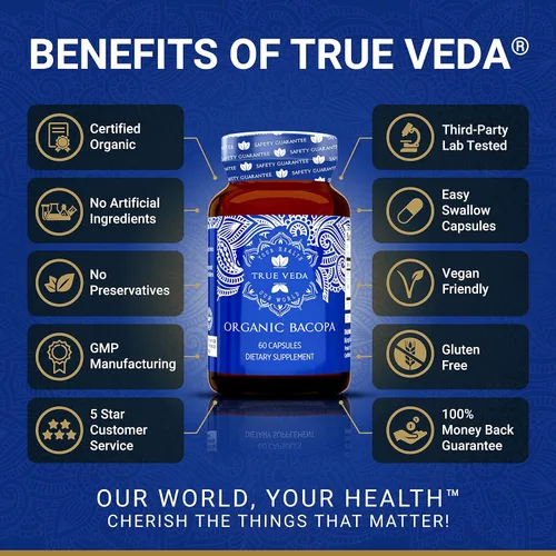 Vista 2 de True Veda Suplemento orgánico de Bacopa Monnieri – Extracto de Bacopa Premium Cápsulas Brahmi orgánicas certificadas por USDA con 50% de bacosidos