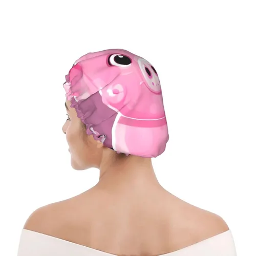 Vista 8 de Gorro de ducha reutilizable con estampado de cerdo rosa para mujer, doble capa impermeable, gorro de baño de secado rápido