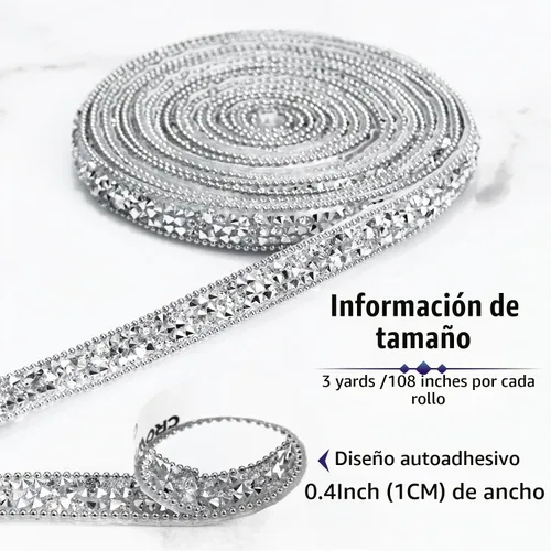 Vista 2 de Dowarm Cinta autoadhesiva de diamantes de imitación plateados, tiras brillantes para manualidades, decoración de bodas, 0.4 pulgadas de ancho