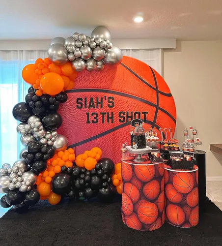 Vista 7 de Kit de arco de globos de baloncesto, kit de guirnalda de globos naranja y negro plateado con globos de estrella en explosión, kit de globos