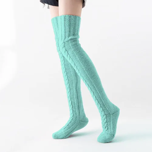 Vista 4 de Pcavin Calcetines altos hasta el muslo para mujer, por encima de la rodilla, calcetines de punto trenzado, calentadores de piernas largos y cálidos