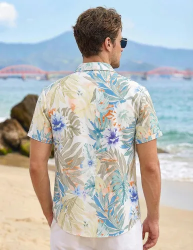 Vista 4 de ZAFUL Camisa hawaiana de manga corta con botones para hombre, estilo casual, tropical, floral, para verano, playa, vacaciones, polo 0_PAT2