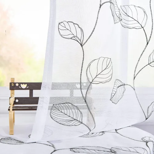 Vista 2 de Topick Cortinas traslúcidas blancas para cocina, cortinas semitransparentes con hojas grises bordadas para cafetería, media ventana para caravana