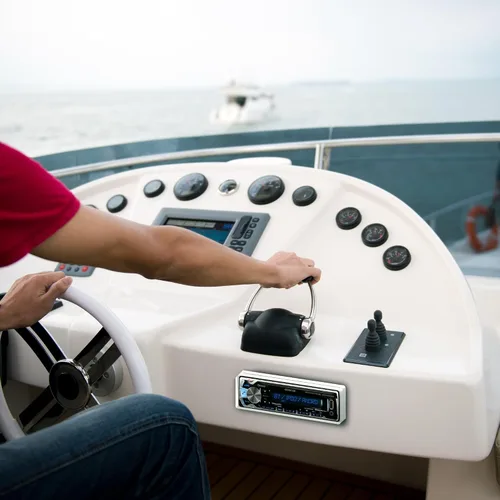 Vista 5 de Reproductor de CD marino DIN único Bluetooth USB AUX Receptor de radio Combo con Enrock Marine Single DIN Radio Dash Protector (blanco)