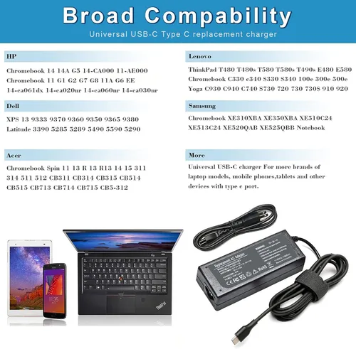 Vista 3 de Cargador USB C tipo C de 45 W para Samsung Chromebook 4 4+ Plus V2 XE350XBA XE310XBA XE510C24 XE513C24 XE521QAB XE520QAB XE525QBB XE310XBA-K01US