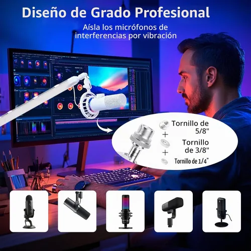 Vista 3 de Soporte de micrófono giratorio de 360°, brazo de micrófono, brazo de micrófono de perfil bajo, compatible con tornillo de 3/8 pulgadas, 5/8 pulgadas