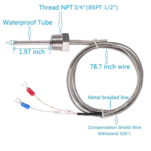 Vista 3 de Termopar tipo K impermeable - Sonda de sensor de temperatura a tierra Jaybva para controlador de temperatura PID de dos alambres de acero inoxidable