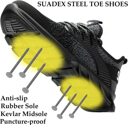 Vista 3 de SUADEX Zapatos de punta de acero para hombres, zapatos indestructibles de seguridad en el trabajo para hombres y mujeres, ligeros, transpirables