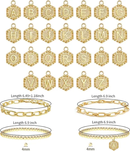 Vista 6 de Pulseras chapadas en oro para mujer, pulseras con inicial de oro, juego de pulseras apilables de cuentas en capas de oro, pulseras lindas, Ágata