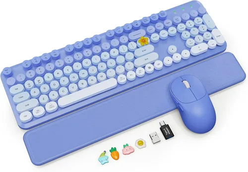 Vista 14 de Combo de teclado y mouse inalámbricos con reposamuñecas magnético, teclas redondas, teclado retro de tamaño completo, patas inclinables de dos Azul