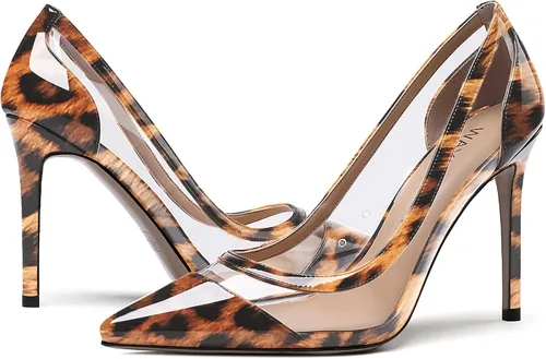 Vista 6 de WAYDERNS Zapatos de tacón alto con punta puntiaguda, de charol transparente, sin cordones, 4 pulgadas