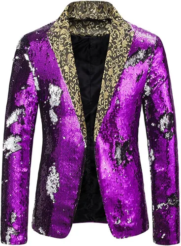Vista 6 de Chaqueta de lujo de lentejuelas azul rey con purpurina para hombre, chaqueta de conversión de 2 colores, chaqueta de escenario de club nocturno