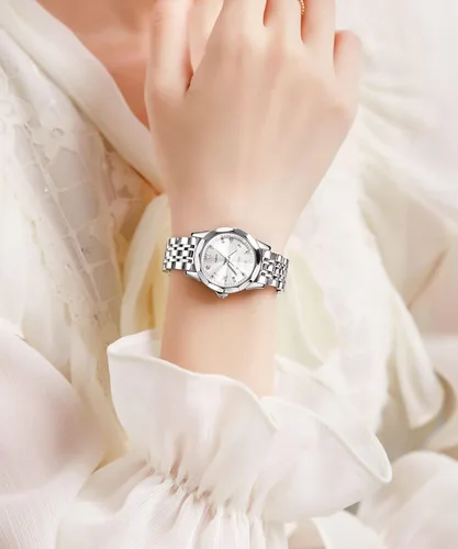 Vista 8 de OLEVS Reloj elegante para mujer reloj de cuarzo analógico de diamante dos tonos acero inoxidable impermeable luminoso regalo