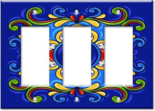 Vista 7 de Art Plates - Placa decorativa para interruptor de luz - Placa decorativa de pared de metal - 1 banda en blanco - Azulejo talavera mexicano azul