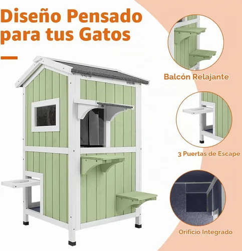 Vista 8 de Casa cálida aislada para gatos de 2 pisos, refugio resistente a la intemperie para gatos con 2 plataformas, capas térmicas, 2 puertas de escape