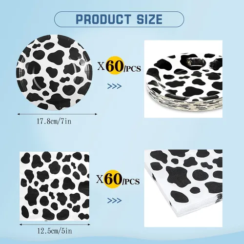 Vista 2 de 120 piezas de suministros para fiesta de cumpleaños con estampado de vaca marrón, vajilla de papel desechable con platos y servilletas de 7 pulgadas