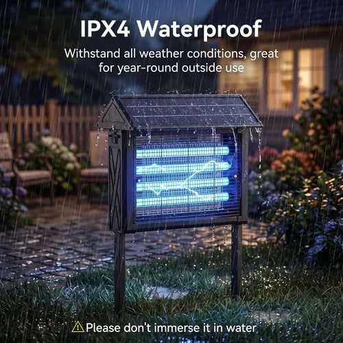 Vista 5 de Exterminador solar de insectos 2026 al aire libre Impermeable: 4500 V Mosquito Zapper con panel solar de 14 W, Asesino de mosquitos de Negro