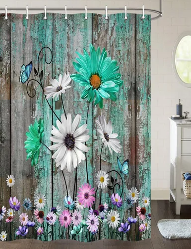 Vista 15 de Cortina de ducha rústica con diseño floral, cortina de ducha rústica con margaritas, cortina de ducha de madera rústica con ganchos, 36 x 72 Verde