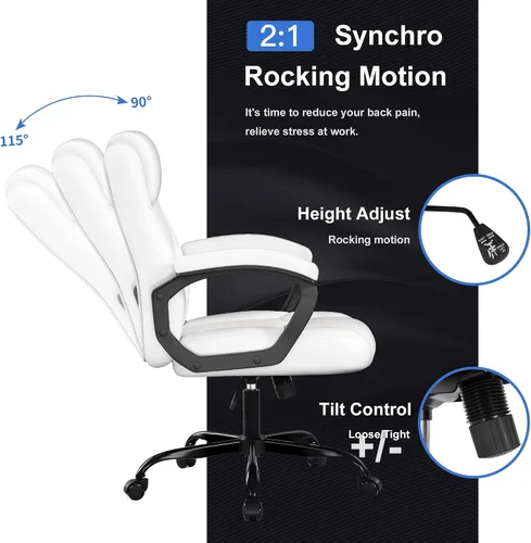 Vista 5 de Misolant Silla de oficina, silla de escritorio ejecutiva, cómodas sillas ergonómicas de piel sintética con reposabrazos fijo, altura ajustable Blanco