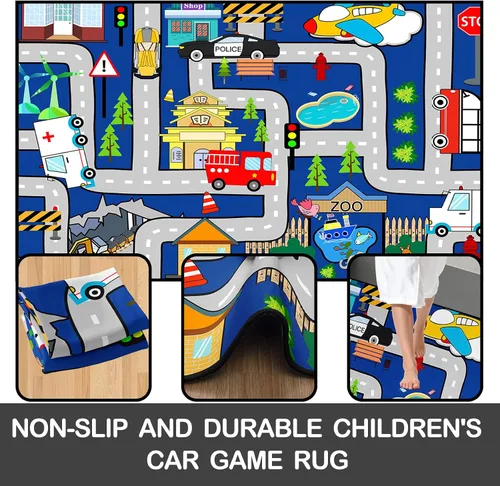 Vista 4 de Alfombra de juego para niños, alfombra de coche para niños, tapete de automóvil con mapa de vida de la ciudad para niños, juguete educativo