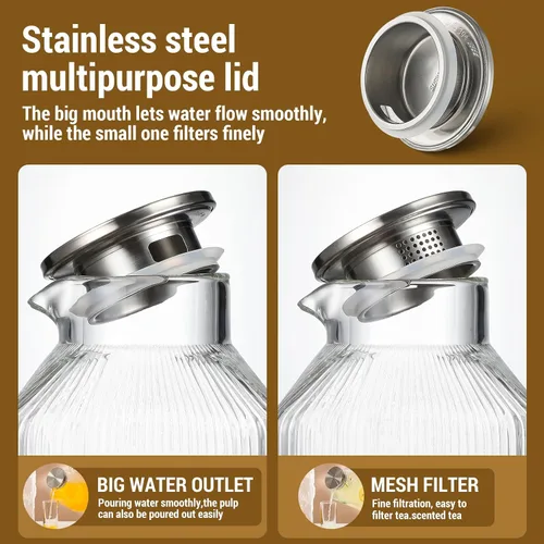 Vista 4 de Jarra de vidrio cuadrado grueso de 1 galón con tapa, jarras de agua clásicas a rayas para refrigerador, jarra de vidrio de borosilicato para bebidas