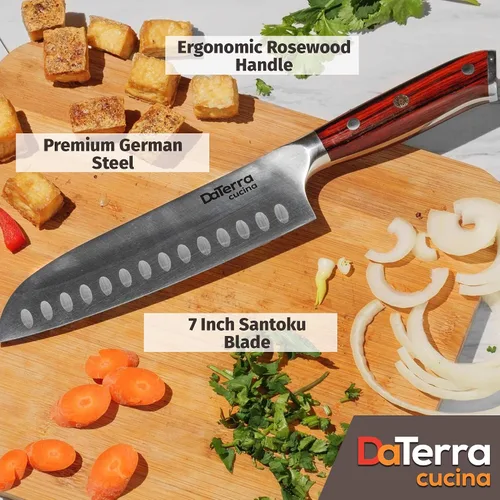 Vista 2 de DaTerra Cucina - Cuchillo Santoku de 7 pulgadas - Cuchillo de cocina profesional de acero alemán con mango ergonómico de palisandro, afilado