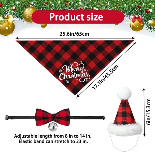 Vista 2 de DULEFUN - 3 disfraces de Navidad para perro, diseño clásico de búfalo a cuadros Dog's Christmas Outfit Clothes Bandana Hat Bowtie Scarf Kerchief