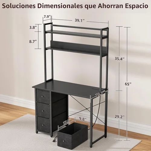 Vista 2 de Aquzee Escritorio para computadora con cajones, escritorio de 40 pulgadas con gabinete, escritorio de oficina en casa con almacenamiento, tomas