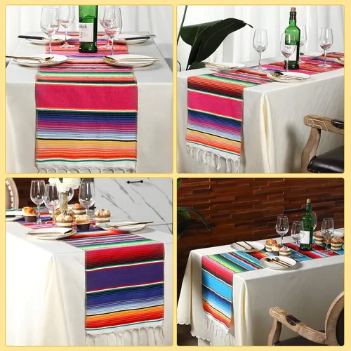 Vista 5 de Paquete de 10 caminos de mesa mexicanos de 14 x 84 pulgadas, 29 pancartas de papel picado, pancarta colgante de fiesta y banderín colorido para Rojo
