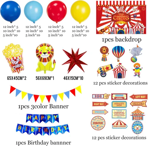 Vista 7 de Decoraciones de fiesta de cumpleaños con temática de circo e incluyen guirnalda de globos rojos, azules y amarillos y globos de papel de aluminio