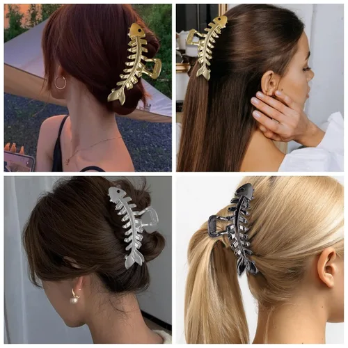 Vista 4 de REDANHA 3 pinzas de metal con forma de hueso de pescado dorado y plateado para cabello grueso y fino, accesorios para el cabello para mujeres y niñas