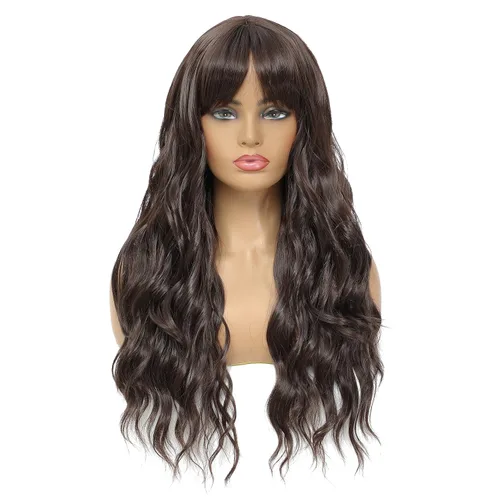 Vista 15 de SWACC Peluca larga y rizada ondulada con flequillo peluca de pelo sintético para mujeres con gorra de peluca (negro)