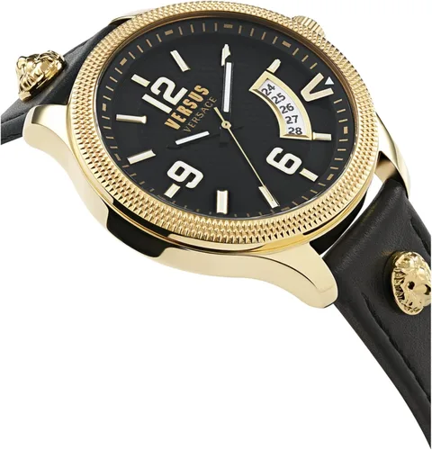 Vista 3 de Versus Versace Reale Collection Reloj de lujo para hombre con correa negra con una caja de oro amarillo IP y esfera negra, Oro, Real