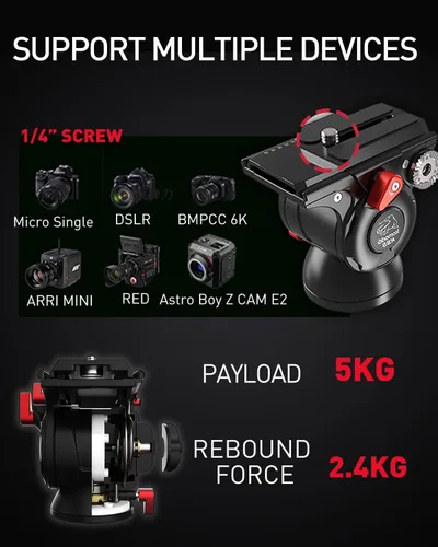 Vista 6 de IFOOTAGE Cabezal de cámara de video Komodo K5S, cabezales de fluido de aluminio, cabeza de trípode estable para giro e inclinación, con placa