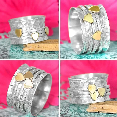Vista 4 de Boho-Magic Anillo giratorio para mujer, plata de ley 925 con corazones de latón y bandas para la ansiedad, Metal