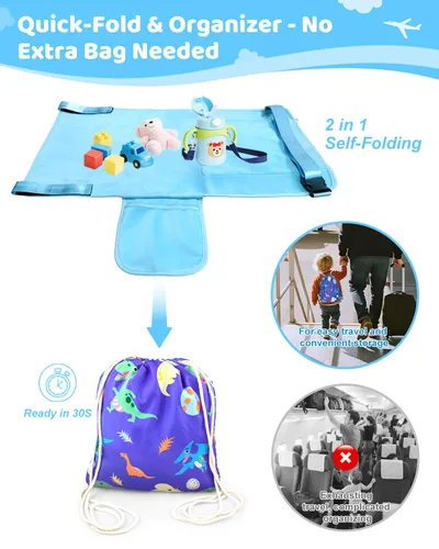 Vista 2 de Cama de avión para niños pequeños, extensor de asiento de avión para niños, bolsa de cordón 2 en 1, artículos esenciales de viaje para niños
