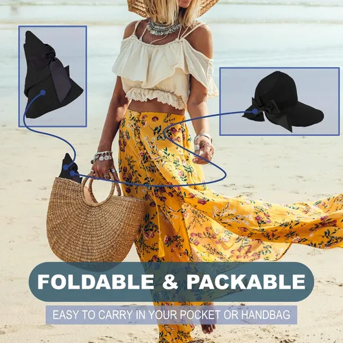 Vista 5 de Visera solar de paja para mujer, sombrero de playa con protección UPF 50+, ajustable, gorra de cola de caballo plegable enrollable con correa