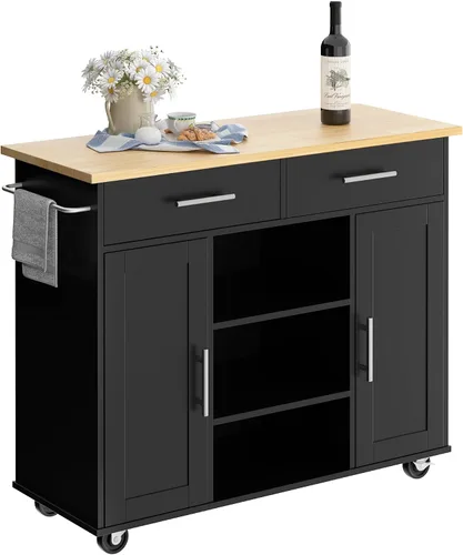 Vista 15 de Shintenchi - Carrito de isla de cocina con almacenamiento, mesa rodante Negro-22 pulgadas