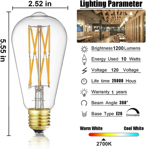 Vista 3 de Leools Bombilla LED Edison vintage de 10 W, regulable, equivalente a 100 W, bombillas de filamento de estilo antiguo, vidrio transparente, blanco