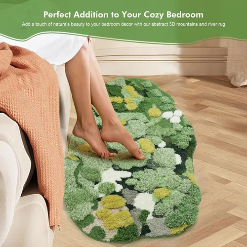 Vista 5 de Alfombras de baño de musgo verde, antideslizantes, para decoración de baño, alfombra de felpa suave lavable a máquina, montañas abstractas, río