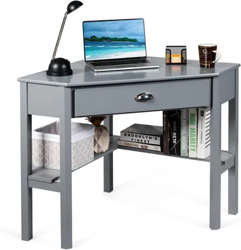 Vista 10 de RELAX4LIFE Escritorio esquinero para computadora triangular con cajón y estantes, mesa estable para computadora portátil, escritorio para oficina