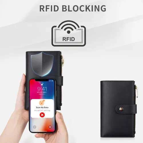 Vista 5 de Billetera con bloqueo RFID para mujer, delgada y delgada, de cuero plegable, funda de tarjetas de gran capacidad, cartera larga para mujer