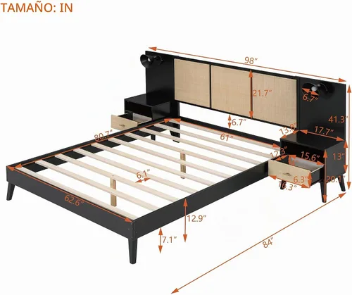 Vista 2 de Harper & Bright Designs Cama de plataforma tamaño Queen con 2 mesitas de noche y 2 lámparas, cama Queen de madera con cabecero, combinación de ratán