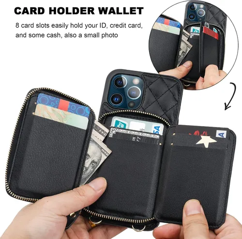 Vista 4 de Bocasal Funda tipo cartera cruzada para iPhone 12 Pro Max, con bloqueo RFID, de piel sintética, con cremallera, funda tipo cartera con función atril