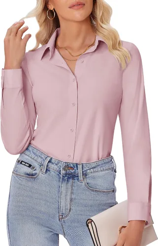 Vista 14 de siliteelon Camisas con botones para mujer, ajustadas, de manga larga, elásticas, de vestir, camisas de trabajo, sin arrugas, blusas de oficina