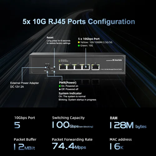 Vista 4 de MokerLink Interruptor Gestionado de 5 Puertos 10Gbps, 5x10G Puertos Ethernet RJ45, 10G/5G/2.5G/1000M/100Mbps, Ancho de Banda 100Gbps, Interruptor