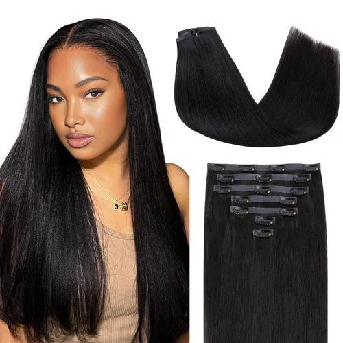 Vista 27 de Lashey Extensiones de cabello humano con clip, sin costuras, #1, color negro azabache, extensiones de cabello humano real, extensiones de cabello