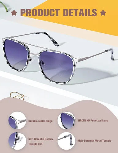 Vista 4 de BIRCEN Gafas de sol de aviador polarizadas para mujer, protección UV, gafas de sol cuadradas de moda con estilo retro BC2002