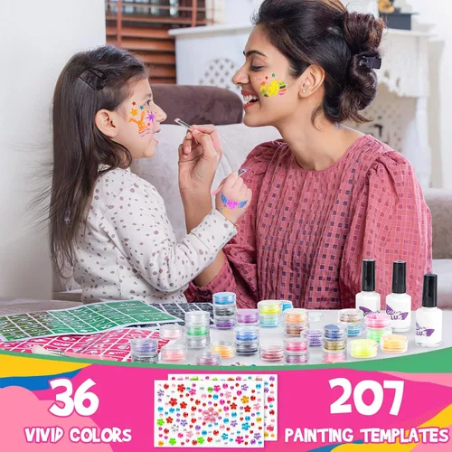 Vista 4 de Dreamon Tatuajes con purpurina para niños, tatuajes temporales para niñas y niños, kit de tatuaje con purpurina de 36 colores, regalos para fiesta