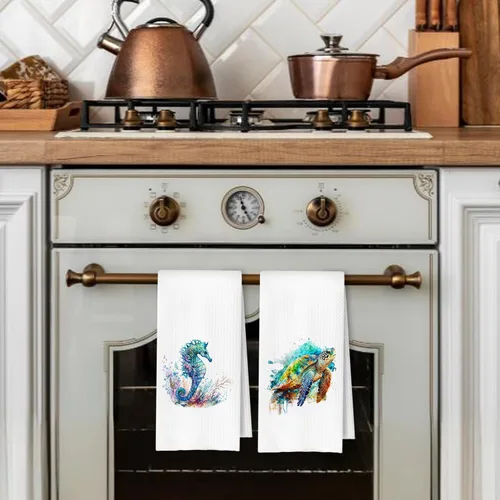 Vista 3 de Toallas de mano de playa costera con diseño de medusa, pulpo, caballito de mar y tortuga para baño, juego de 4, toallas de cocina de playa costera